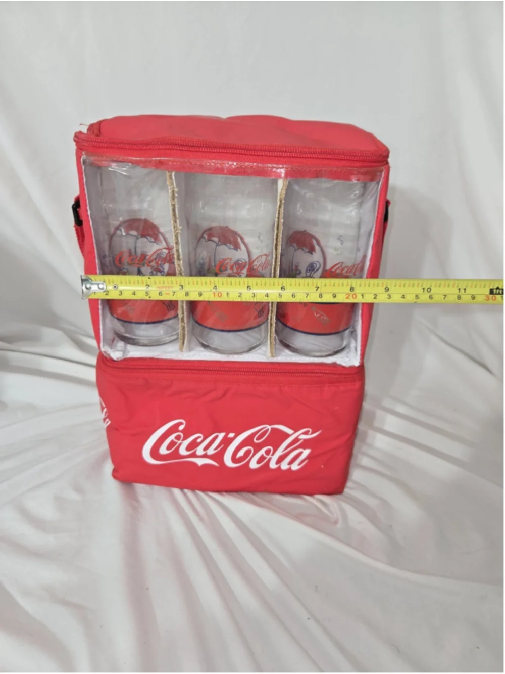 Coca Cola Insulated Tote Cooler Bag Six Pack w/ 6 Coke Anchor Hocking Glasses